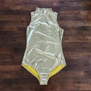 Gold Lamè one piece bathing suit swim suit size Medium zipper back metalic